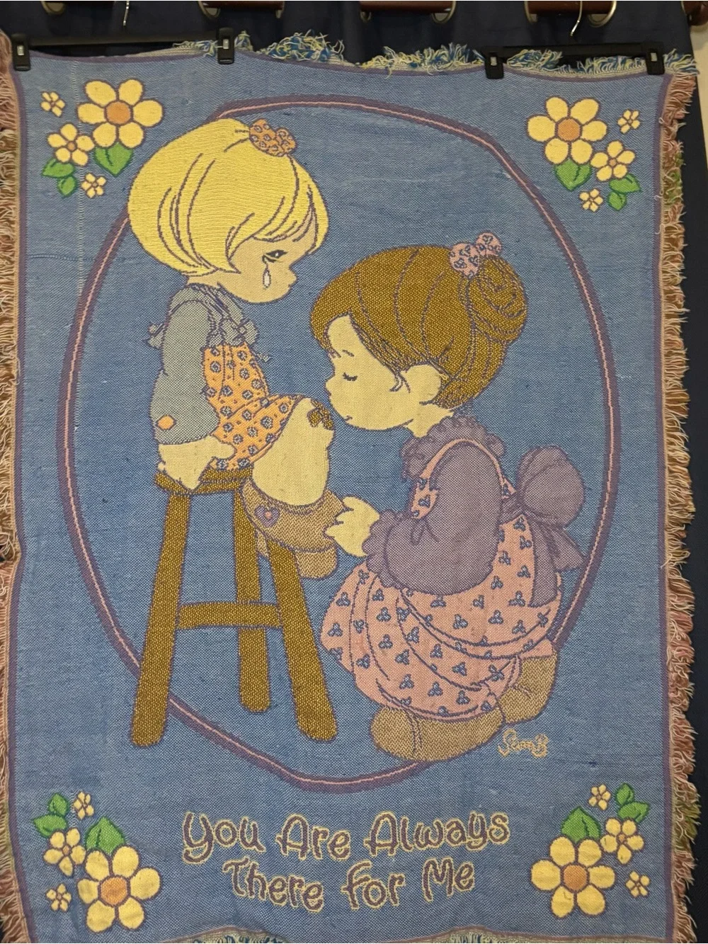 VTG 1999 Precious Moments Woven Tapestry Throw Blanket Northwest USA Mom Child